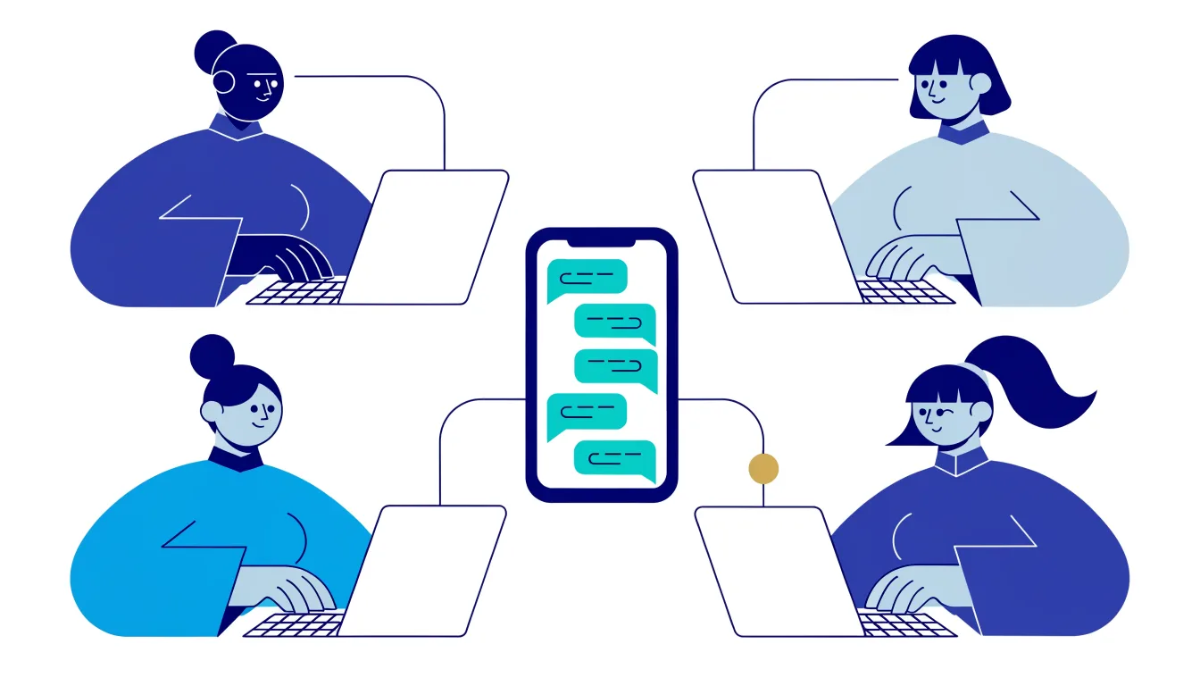 Illustration of four teammates at laptops, each linked to one smartphone that shows a WhatsApp conversation list