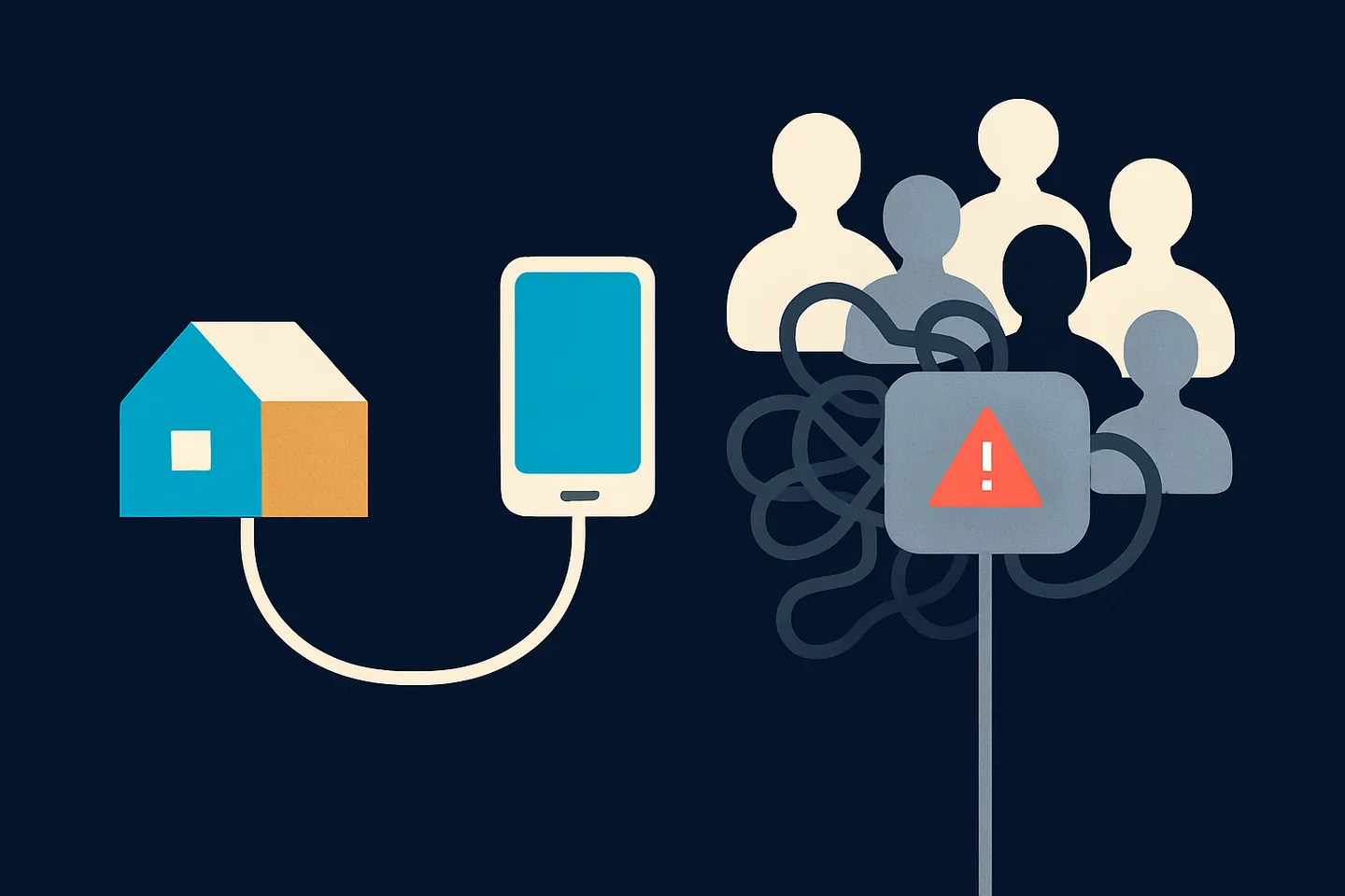 Illustration of one clean home connection beside a tangled shared junction where many connections merge